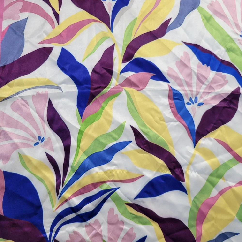 Floral‎ Tropical Print Satin Square Scarf Pink Blue Yellow Botanical 28x28 NWOT